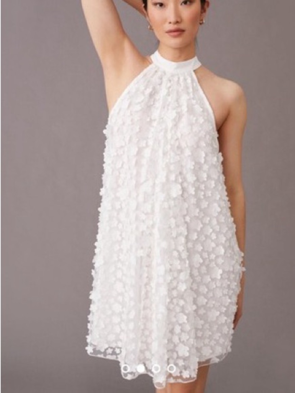Eva Franco White 3D Floral Appliqué Halter Swing Mini Dress 10 Honeymoon Chic